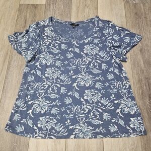 Lucky Brand Indigo Floral Tee Shirt Scoop Neck Blue Women's Large Casual